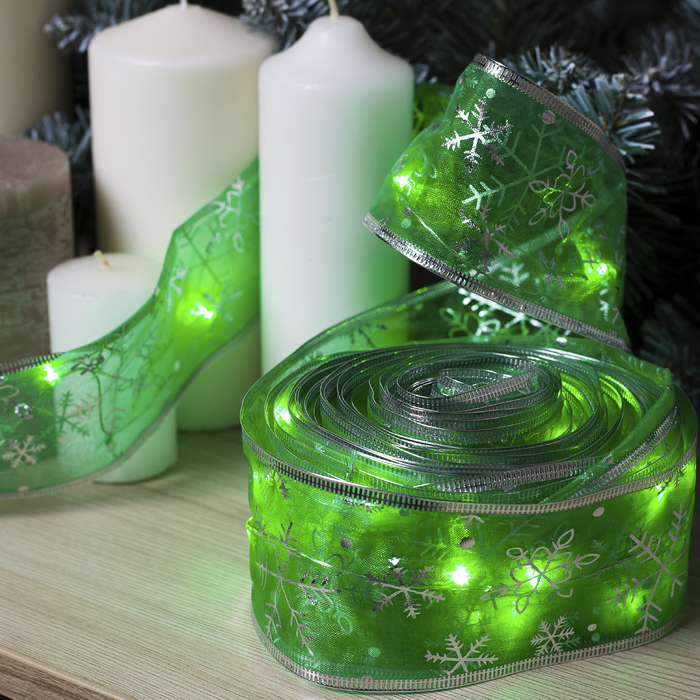 НИТЬ Лента "Снежинки серебристые" 10 м, ширина 6 см, LED(роса)-100-USB, фиксинг, ЗЕЛЕНЫЙ