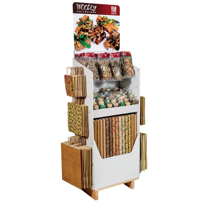 Дисплей WOODLY, крафт бумага и пакеты, банты, ленты, итого 361 шт,