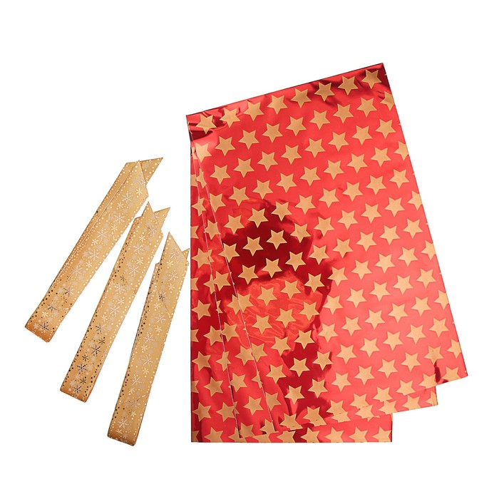 Набор для упаковки, "Звезда", пакет красный 25 х 40 см х 3 шт., три банта 34/120 мм