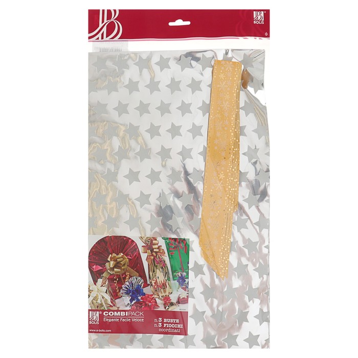 Набор для упаковки, "Звезда", пакет серебро 25 х 40 см х 3 шт., три банта 34/120 мм