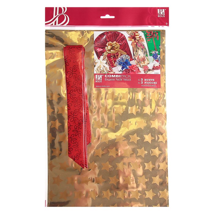 Набор для упаковки, "Звезда", пакет золото 25 х 40 см х 3 шт., три банта 34/120 мм