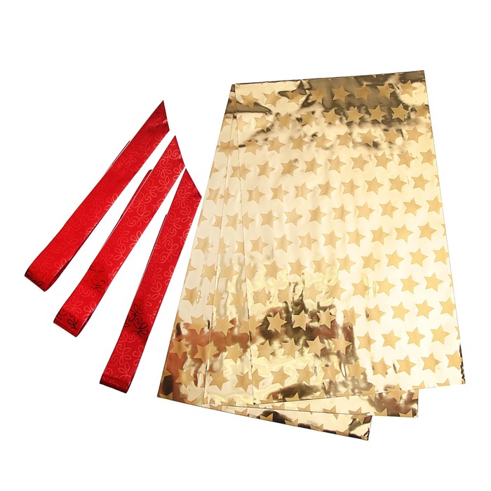Набор для упаковки, "Звезда", пакет золото 25 х 40 см х 3 шт., три банта 34/120 мм