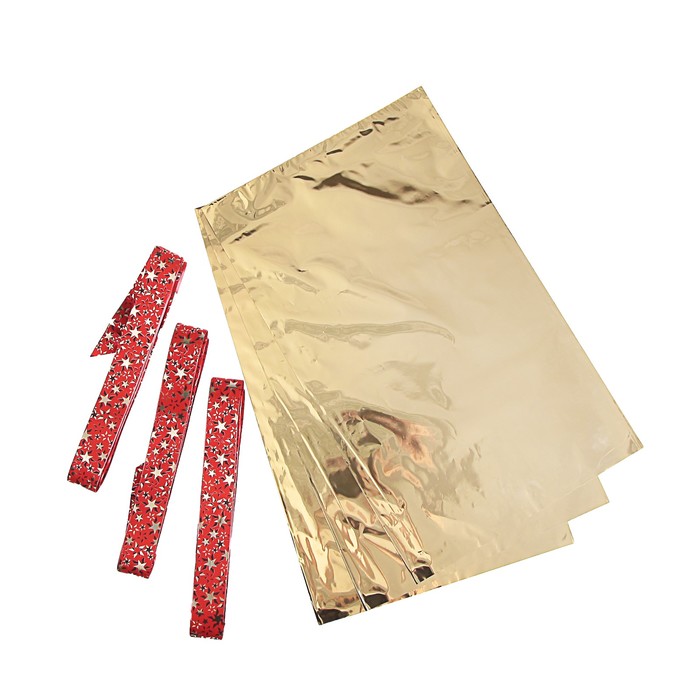 Набор для упаковки, "Новый Год", пакет золото 30 х 50 см х 3 шт., три банта 30/120 мм