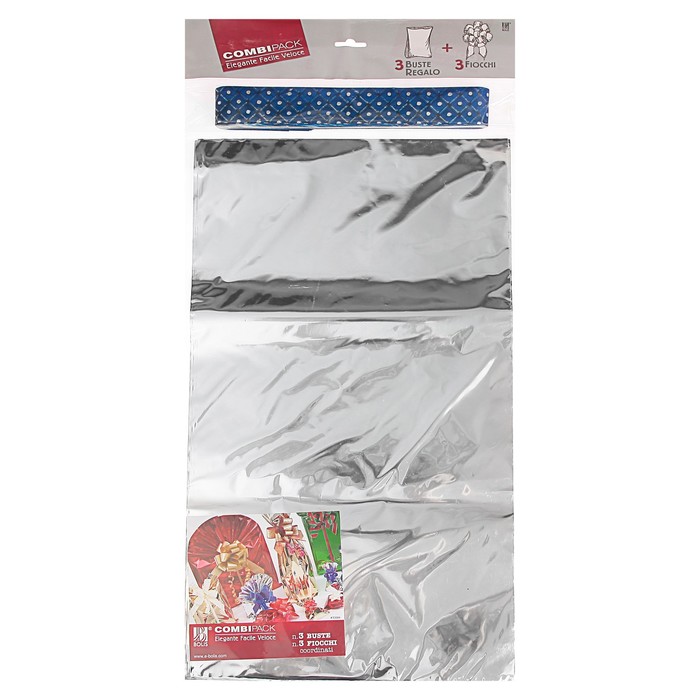 Набор для упаковки, "Новый Год", пакет серебро 30 х 50 см х 3 шт., три банта 30/120 мм