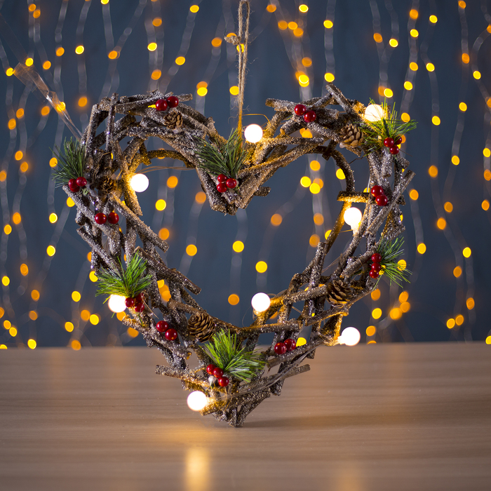 Фигура деревянная "Сердце из веток", 34х34х5 см, 3*AА (не в компл.) 8 LED, коричневое