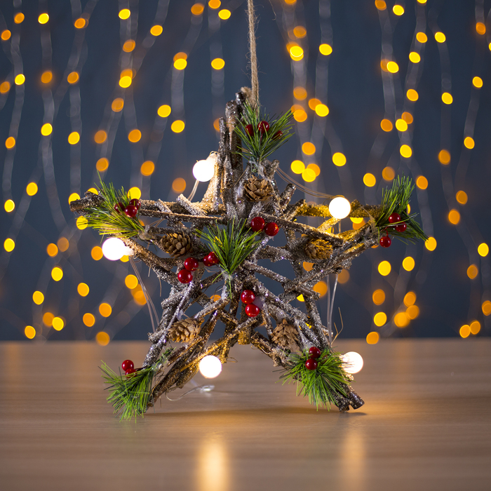 Фигура деревянная "Звезда из веток", 30х30х5 см, 3*AА (не в компл.) 8 LED, коричневая