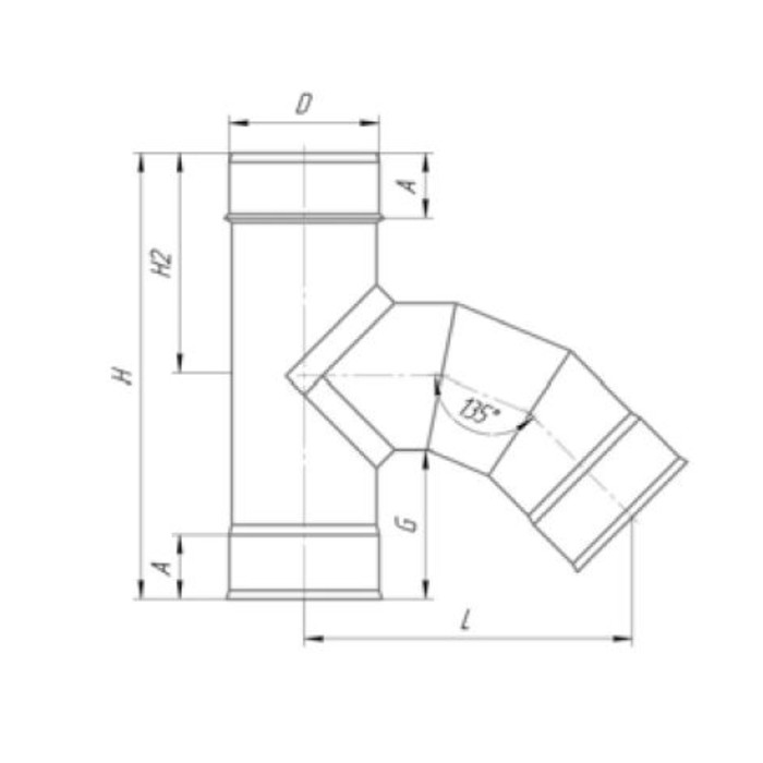 Тройник 135°, d 140 мм, нержавейка 1.0 мм