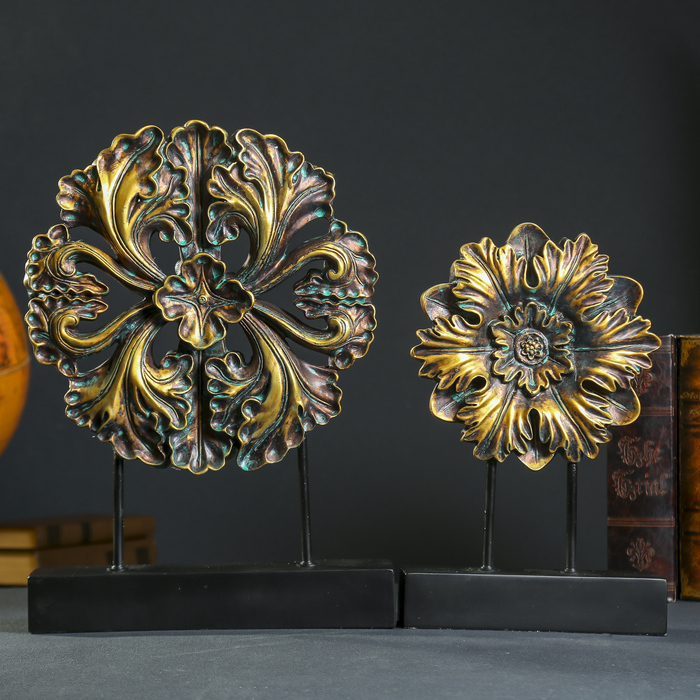 Сувенир полистоун "Цветок"набор 2 шт зелёный с золотой патиной 37,5х24,5х6,5 45,5х34,5х7см