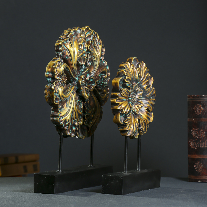 Сувенир полистоун "Цветок"набор 2 шт зелёный с золотой патиной 37,5х24,5х6,5 45,5х34,5х7см