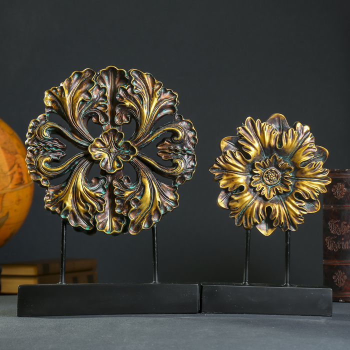 Сувенир полистоун "Цветок"набор 2 шт зелёный с золотой патиной 37,5х24,5х6,5 45,5х34,5х7см