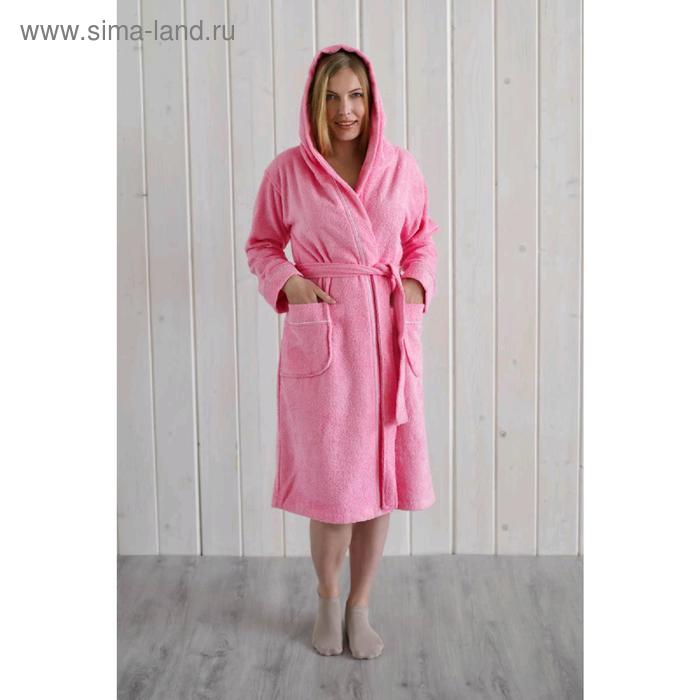 фото Халат женский с капюшоном, размер 50, розовый, махра homeliness