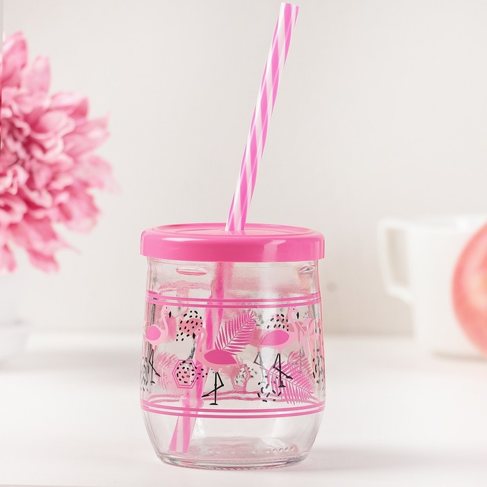 Банка 300 мл "Тоско", с трубочкой, цвета и рисунок МИКС