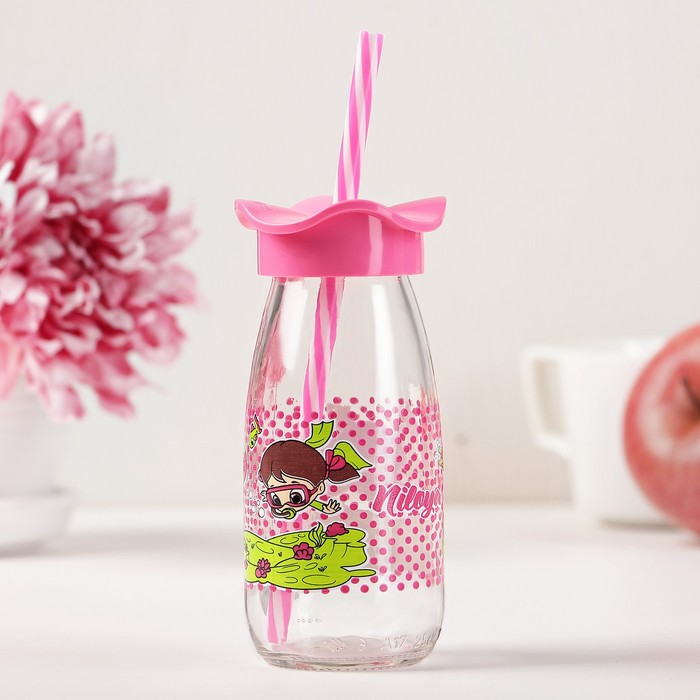 Бутылка 250 мл "Николь. Цветок", с трубочкой, рисунок и цвета МИКС