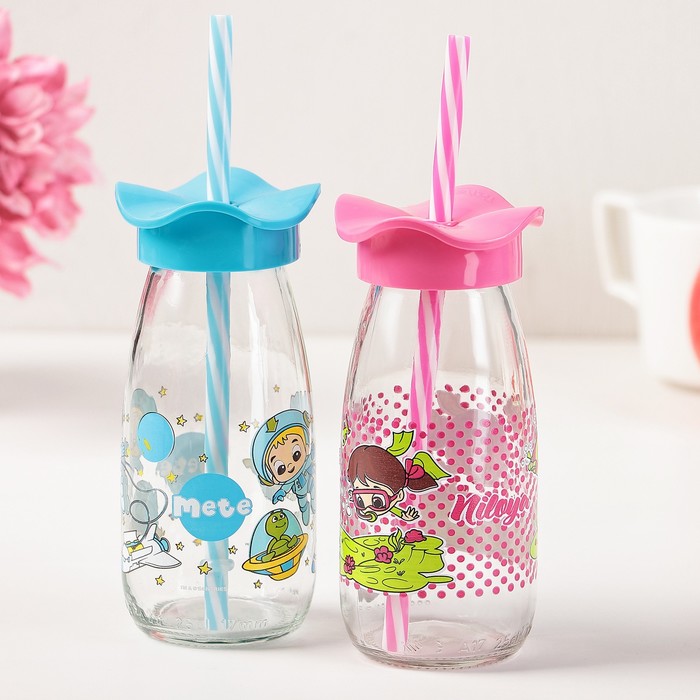 Бутылка 250 мл "Николь. Цветок", с трубочкой, рисунок и цвета МИКС