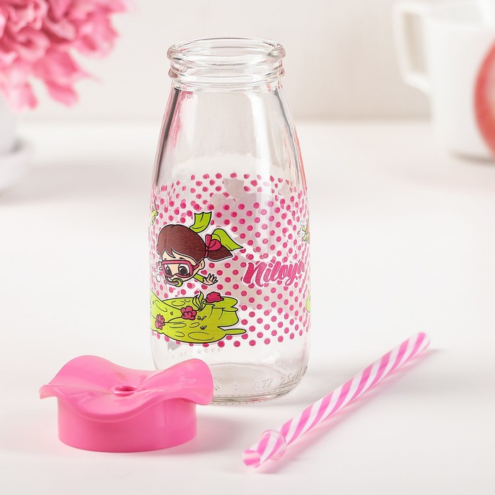 Бутылка 250 мл "Николь. Цветок", с трубочкой, рисунок и цвета МИКС