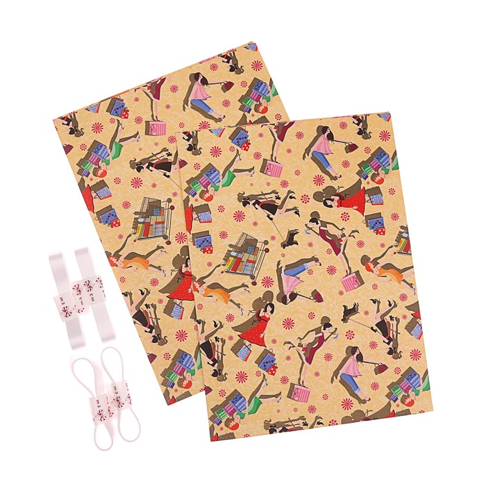 Набор для упаковки, "Для девочки", крафт, жёлтый, 0,7 х 1 м х 2, лента 15 мм х 3 м х 4