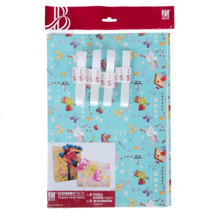 Набор для упаковки, "Детская вечеринка", крафт 0,7 х 1 м х 2, лента 15 мм х 3 м х 4, микс