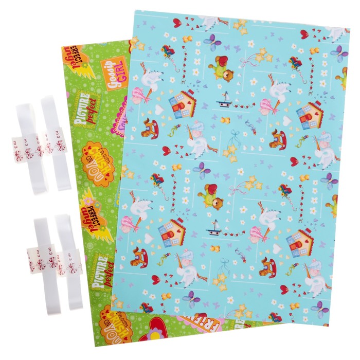 Набор для упаковки, "Детская вечеринка", крафт 0,7 х 1 м х 2, лента 15 мм х 3 м х 4, микс