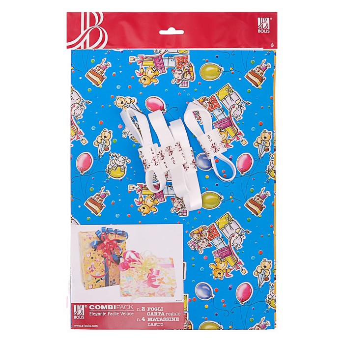 Набор для упаковки, "Детский праздник", крафт, жёлтый, 0,7 х 1 м х 2, лента 15 мм х 3 м х 4 392092