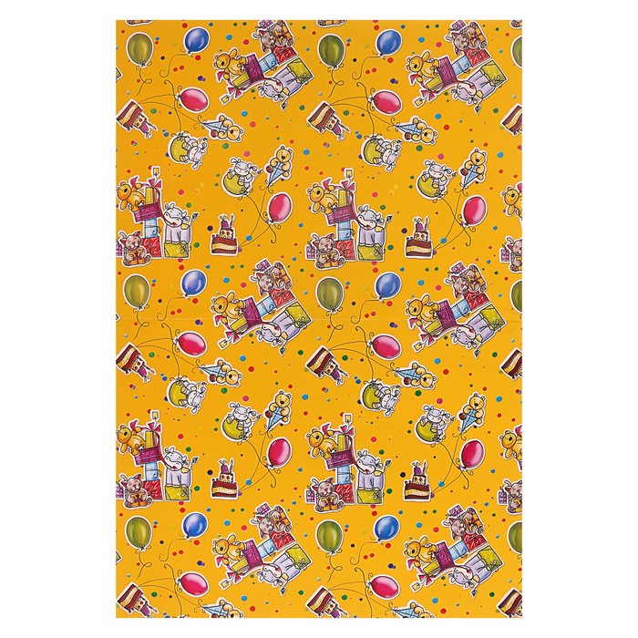 Набор для упаковки, "Детский праздник", крафт, жёлтый, 0,7 х 1 м х 2, лента 15 мм х 3 м х 4 392092