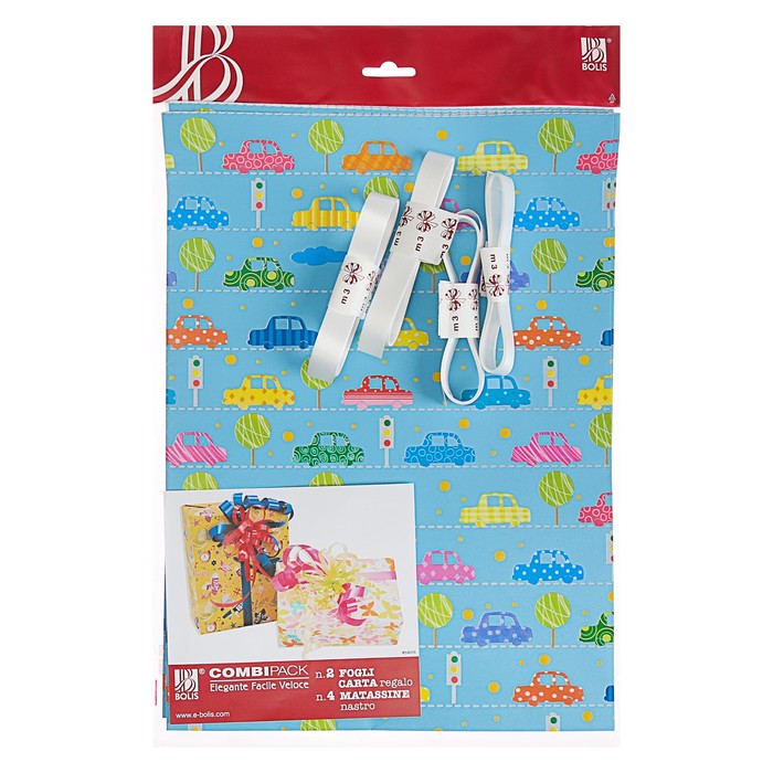 Набор для упаковки, "Машинки", крафт 0,7 х 1 м х 2, лента 15 мм х 3 м х 4, микс