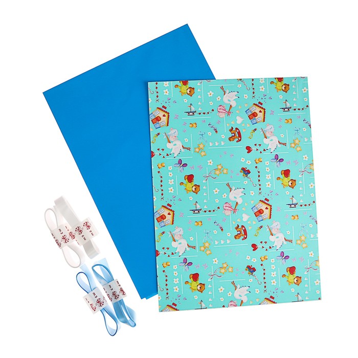 Набор для упаковки, "С рождением", крафт 0,7 х 1 м х 2, лента 15 мм х 3 м х 4 микс