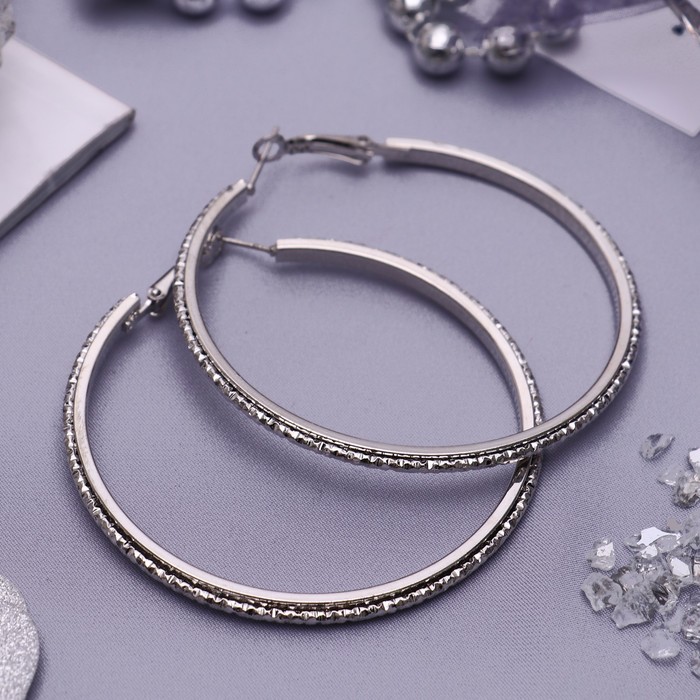 Серьги-кольца "Классика" рифлёные, цвет серебро, d=6 см