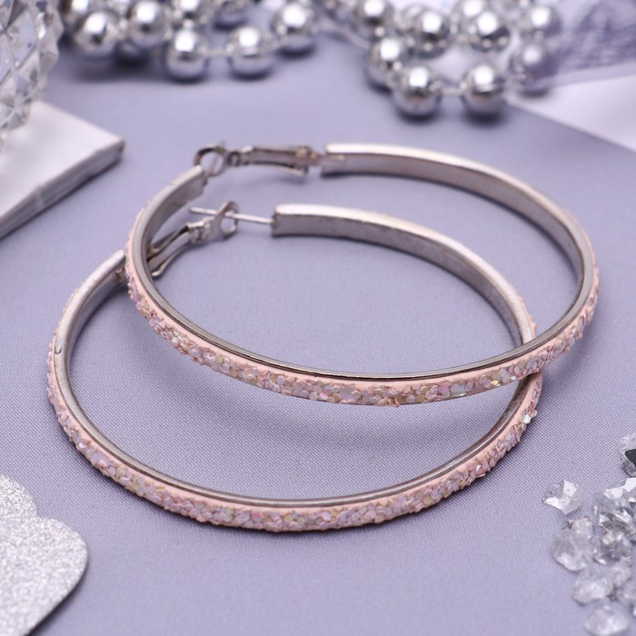 Серьги-кольца "Дискотека" мелкая россыпь, цвет розово-радужный в серебре, d=6 см