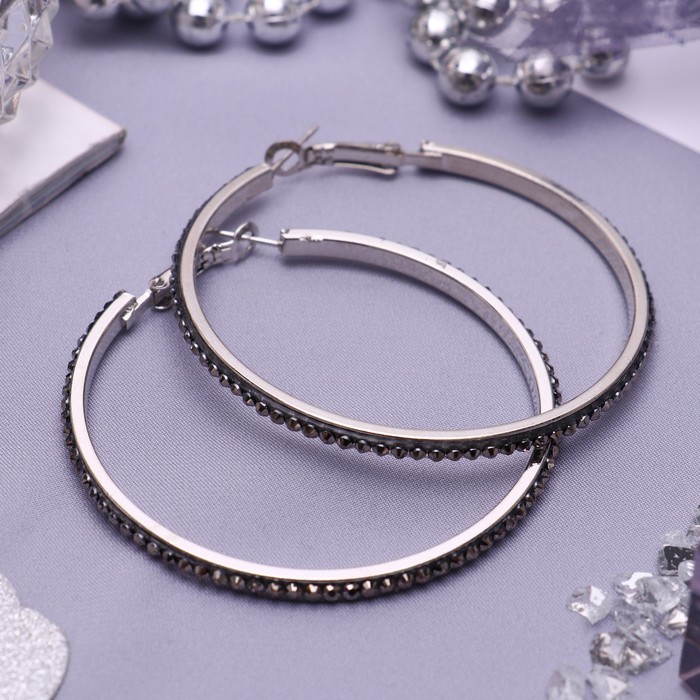 Серьги-кольца "Дискотека" дорожка блеска, цвет серый в серебре, d=5,5 см