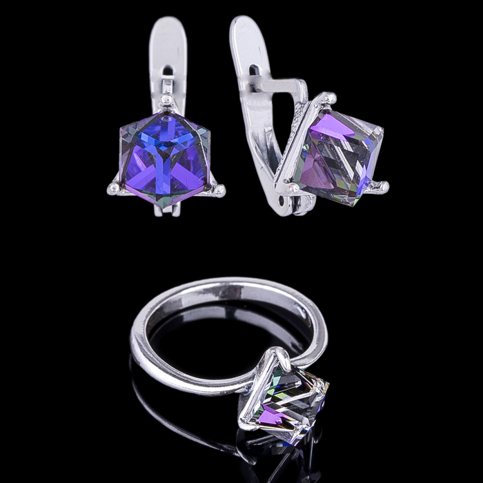 Гарнитур 2 предмета: серьги, кольцо "Кубик", размер 17, разноцветное в чернёном серебре