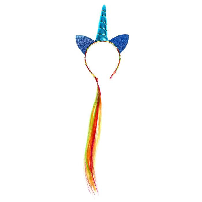 Карнавальный ободок "Единорог" с косичкой, цвет голубой