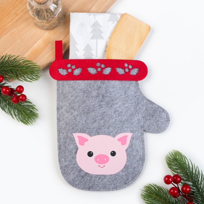 Набор "Доляна" Символ Года, полотенце 40х67 см, лопатка 20х5 см, фетровая варежка 14х22 см