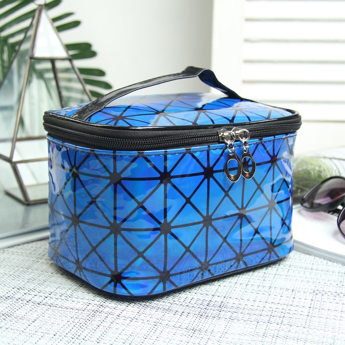 Косметичка-сундучок, отдел на молнии, зеркало, цвет синий
