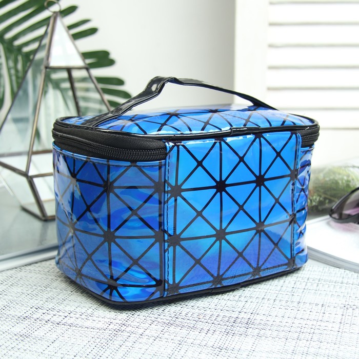 Косметичка-сундучок, отдел на молнии, зеркало, цвет синий