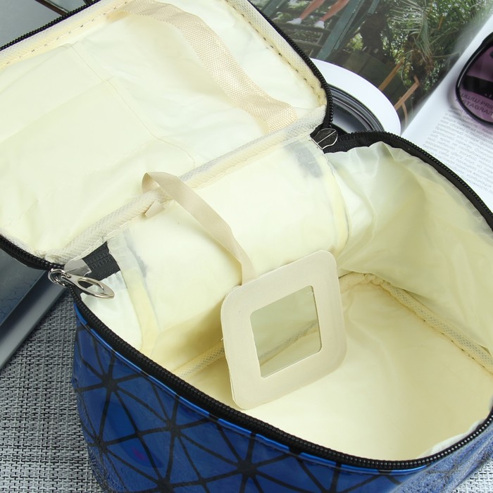 Косметичка-сундучок, отдел на молнии, зеркало, цвет синий