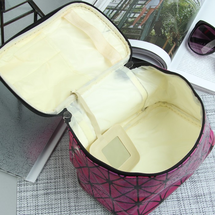 Косметичка-сундучок, отдел на молнии, зеркало, цвет малиновый