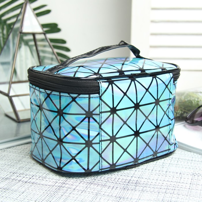 Косметичка-сундучок, отдел на молнии, зеркало, цвет голубой