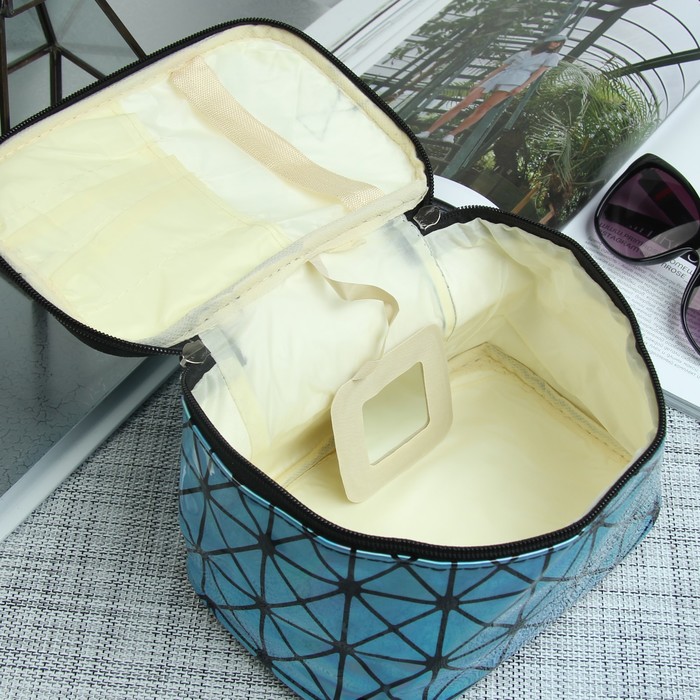 Косметичка-сундучок, отдел на молнии, зеркало, цвет голубой