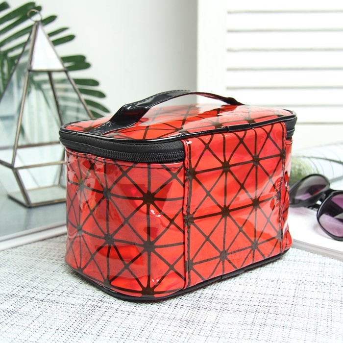 Косметичка-сундучок, отдел на молнии, зеркало, цвет красный