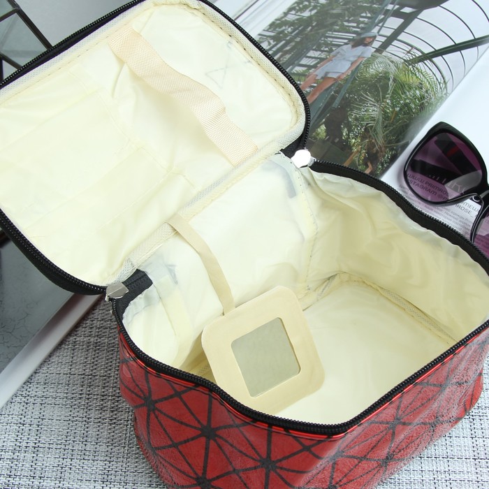 Косметичка-сундучок, отдел на молнии, зеркало, цвет красный