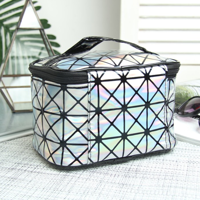 Косметичка-сундучок, отдел на молнии, зеркало, цвет серебристый