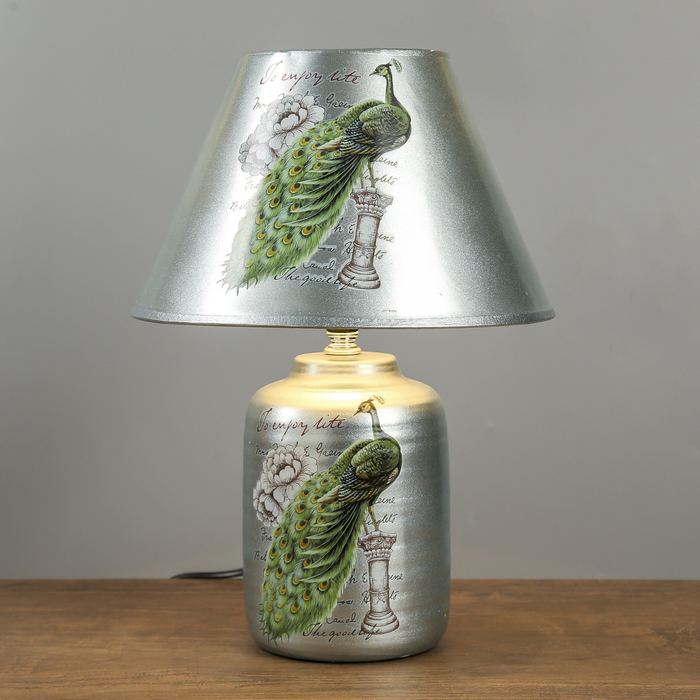 Лампа настольная керамика "Павлин на колонне" металлик серебро Е14 220В 36х25х25 см
