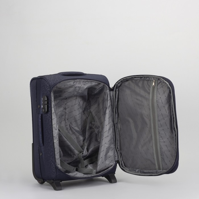 Чемодан малый 20", отдел на молнии, с расширением, 2 наружных кармана, кодовый замок, 2 колеса, цвет тёмно-синий