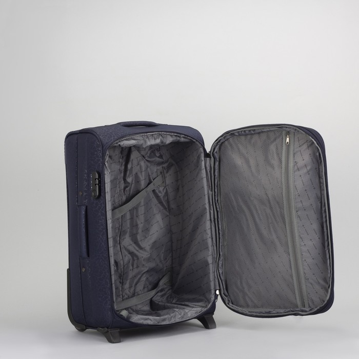 Чемодан средний 24", отдел на молнии, с расширением, 2 наружных кармана, кодовый замок, 2 колеса, цвет тёмно-синий