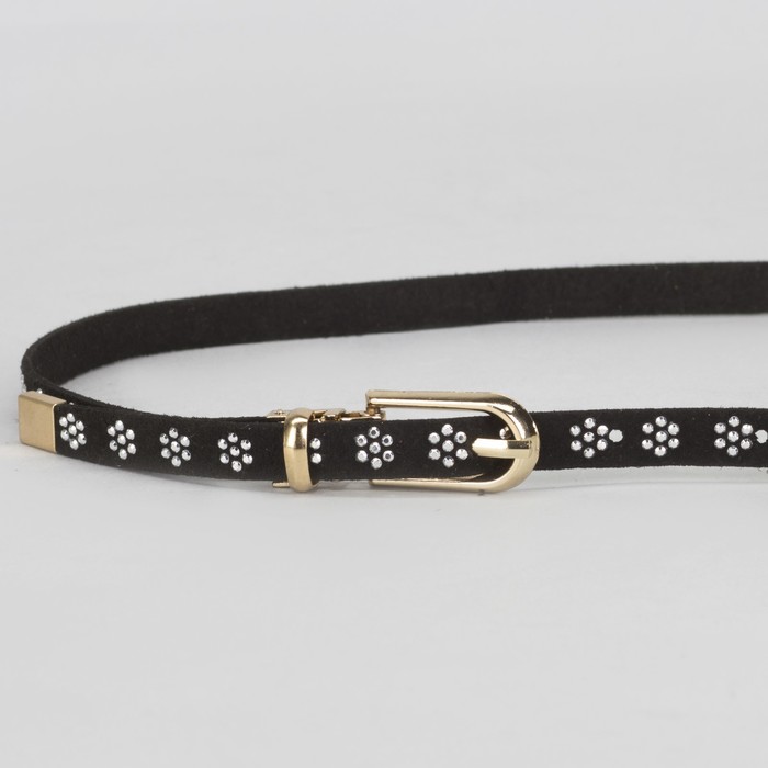 Ремень женский, стразы, пряжка хомут, кончик золото, ширина - 1 см, цвет чёрный