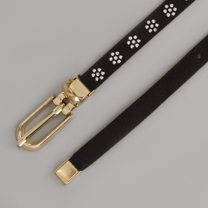 Ремень женский, стразы, пряжка хомут, кончик золото, ширина - 1 см, цвет чёрный
