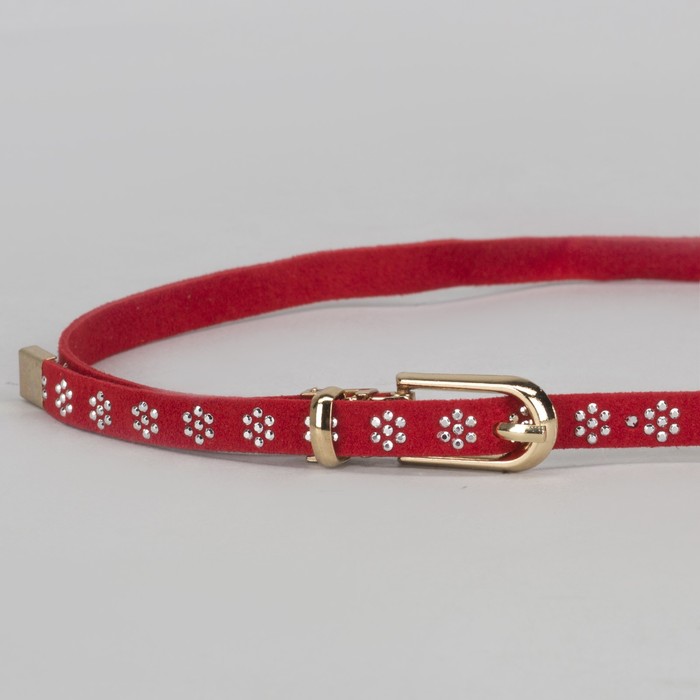 Ремень женский, стразы, пряжка хомут, кончик золото, ширина - 1 см, цвет красный