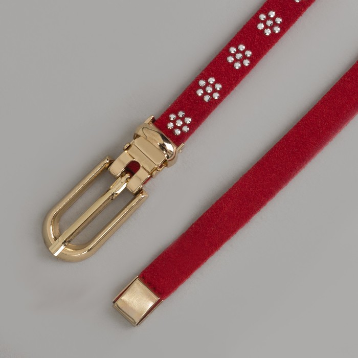 Ремень женский, стразы, пряжка хомут, кончик золото, ширина - 1 см, цвет красный