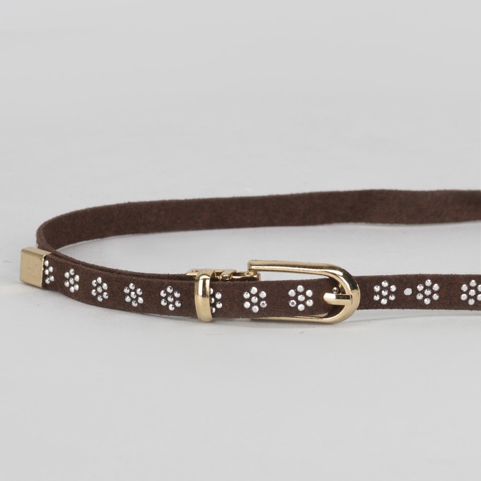 Ремень женский, стразы, пряжка хомут, кончик золото, ширина - 1 см, цвет коричневый