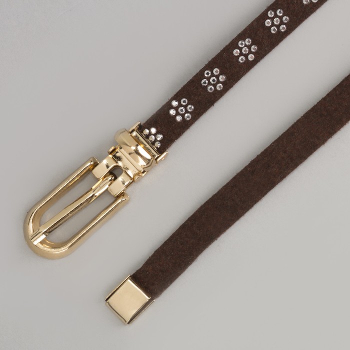 Ремень женский, стразы, пряжка хомут, кончик золото, ширина - 1 см, цвет коричневый